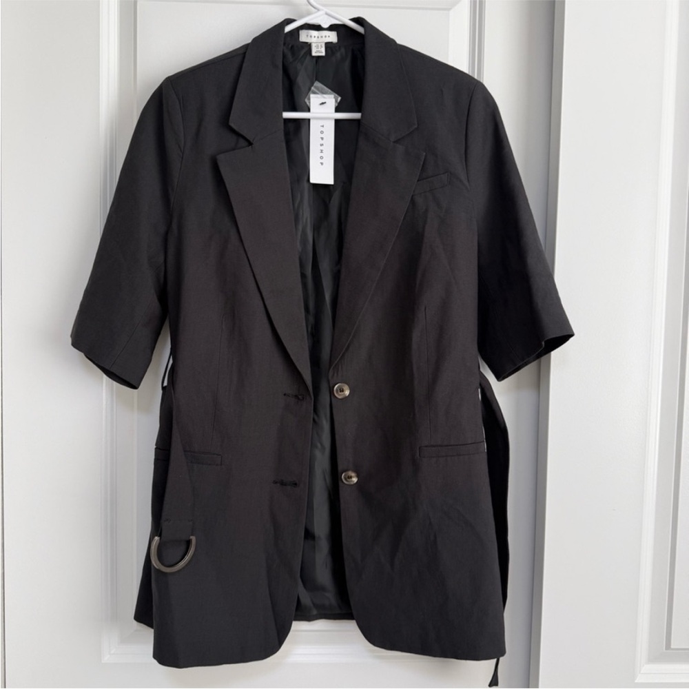 Topshop Blazer Black Belted Short Sleeves Office Business Casual